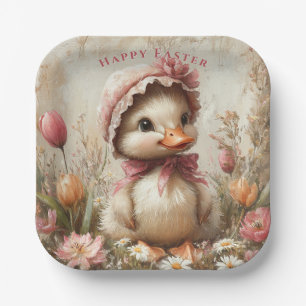 Duckling Easter Pink Bonnet Tulips Daisies Paper Plate