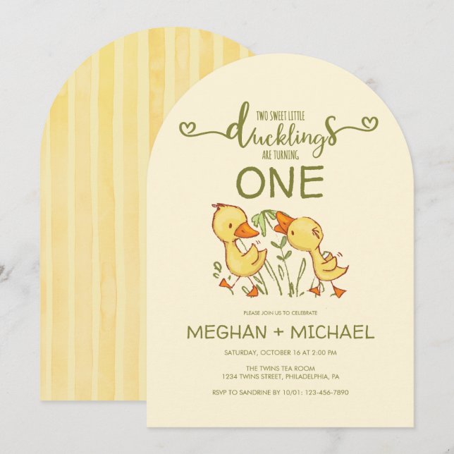 Duckling Twins First Birthday Invitation (Front/Back)
