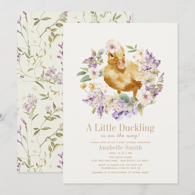 Duckling Watercolor Floral Girl Baby Shower Invitation (Front/Back)