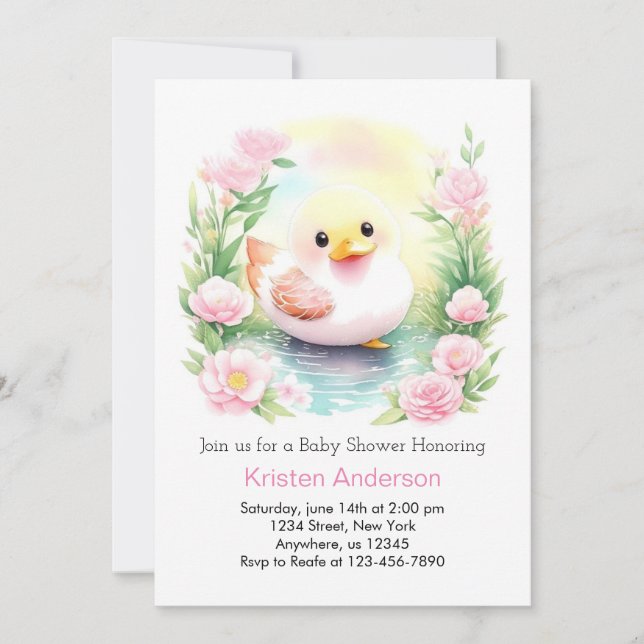 Duckling Whimsical Watercolor Girl Baby Shower Invitation (Front)