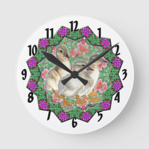Ducklings and Flowers Round Clock
