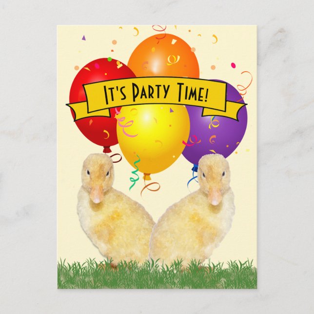 Ducklings Colourful Balloons Children's Birthday Invitation Postcard (Front)