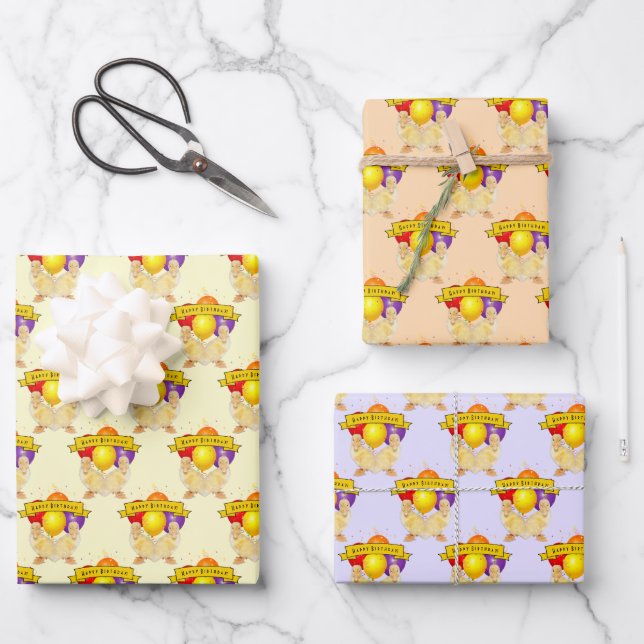 Ducklings & Colourful Balloons Children's Birthday Wrapping Paper Sheet (Front)