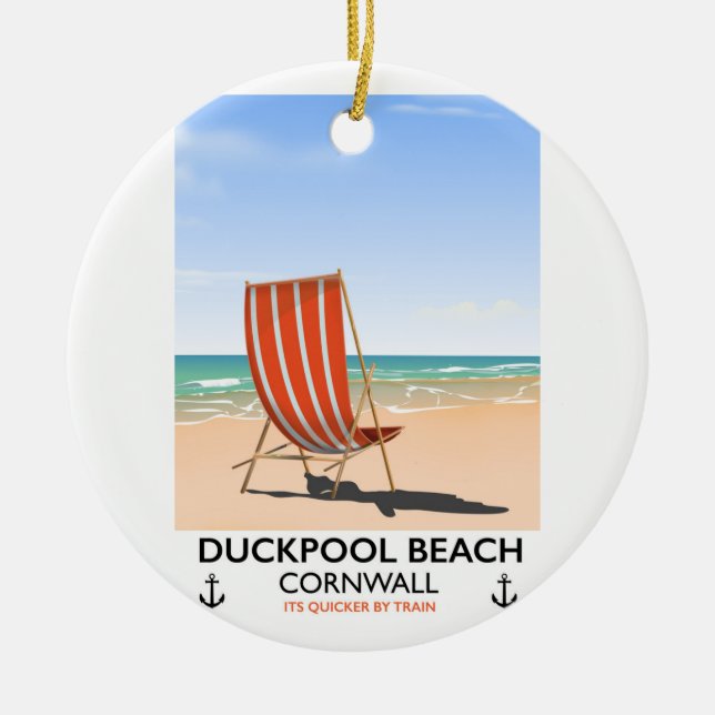 Duckpool Beach Cornwall travel poster Ceramic Tree Decoration (Front)