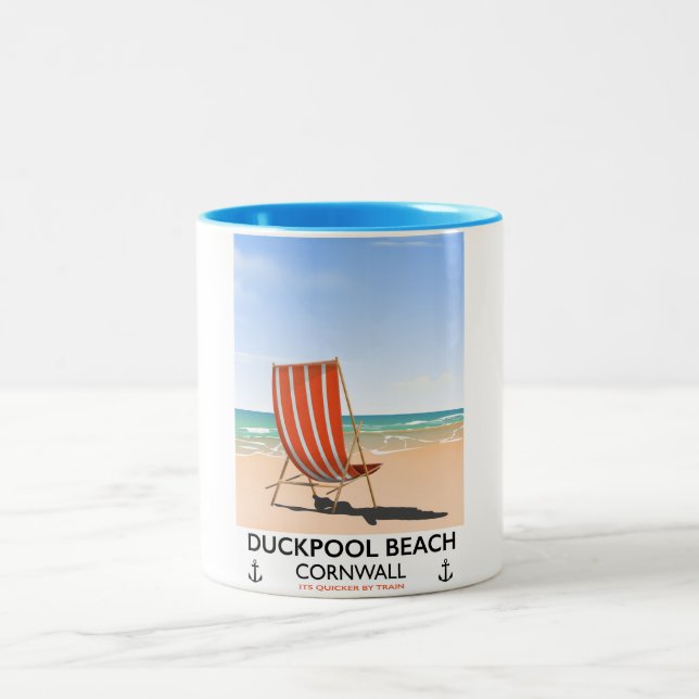 Duckpool Beach Cornwall travel poster Two-Tone Coffee Mug (Center)