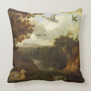 Ducks and other birds about a stream in an Italian Cushion