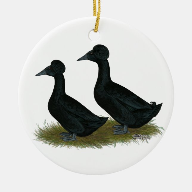 Ducks:  Black Crested Ceramic Tree Decoration (Front)