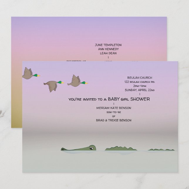 Ducks & Gator Nature Cartoon Girl Baby Shower Invitation (Front/Back)