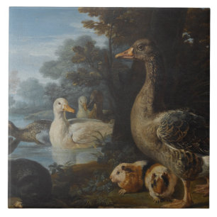 Ducks Guinea Pigs and a Rabbit in a Wooded Landsc Tile