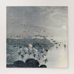 Ducks, Mallards and Swans on the lake at sunset Jigsaw Puzzle