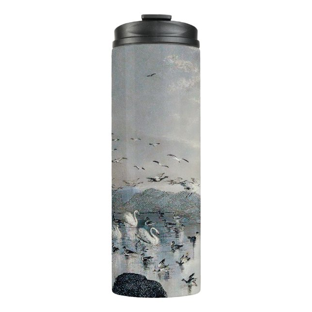 Ducks, Mallards and Swans on the lake at sunset Thermal Tumbler (Front)