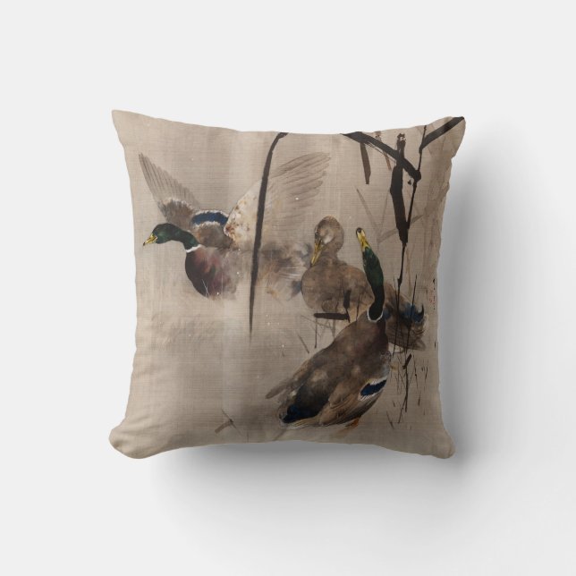 Ducks on the Water Japanese Art Waterfowl  Cushion (Front)