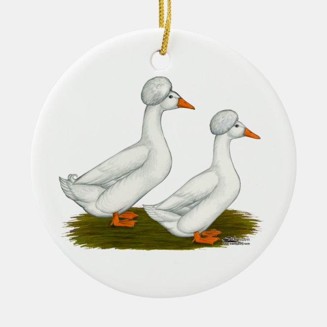 Ducks:  White Crested Ceramic Tree Decoration (Front)