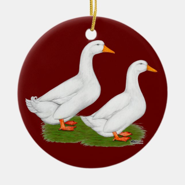 Ducks:  White Pekins Ceramic Tree Decoration (Front)