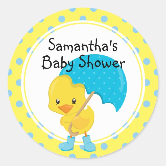 Ducky with Umbrella Baby Shower Classic Round Sticker (Front)
