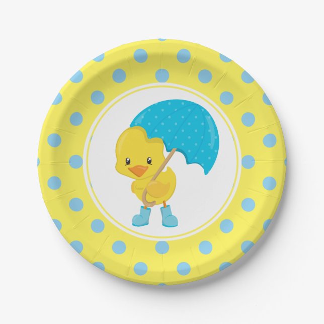 Ducky with Umbrella Baby Shower Paper Plate (Front)