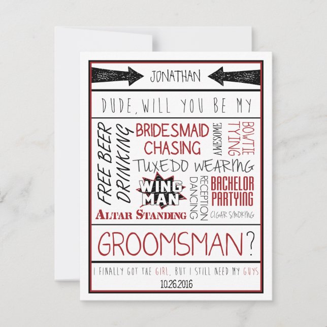 Dude, Will you be my Groomsman? Red/Black Collage Invitation (Front)