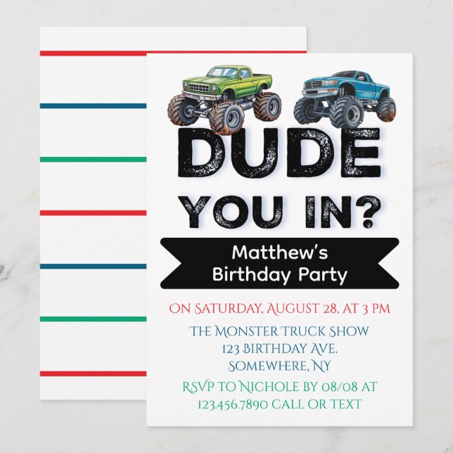 Dude You In? Black Text Truck Boy Birthday Party Invitation (Front/Back)
