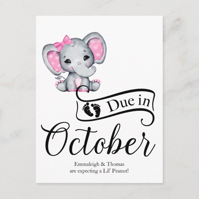 Due in October Little Peanut Baby Girl Elephant Postcard (Front)