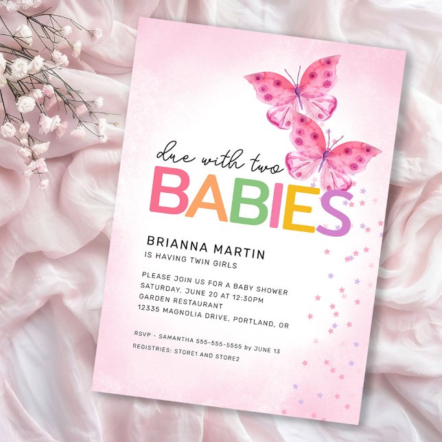Due with Two Pink Butterflies Twins Baby Shower Invitation (Creator Uploaded)