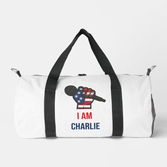 duffel bag with phrase "I am Charlie"  (Front)