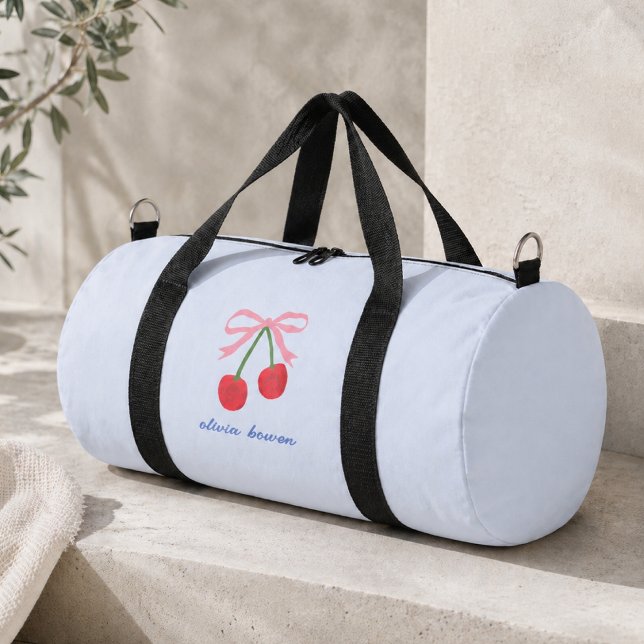 Duffle Bag | Cherry Coquette Bow Cute Duffel (A cute design duffle bag with coquette bow & cherries, perfect for gym, dance, travel or daily use)