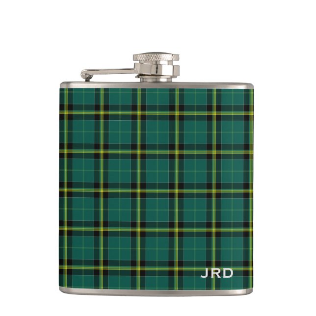 Duffy Tartan Monogram Bright Green Plaid Hip Flask (Front)