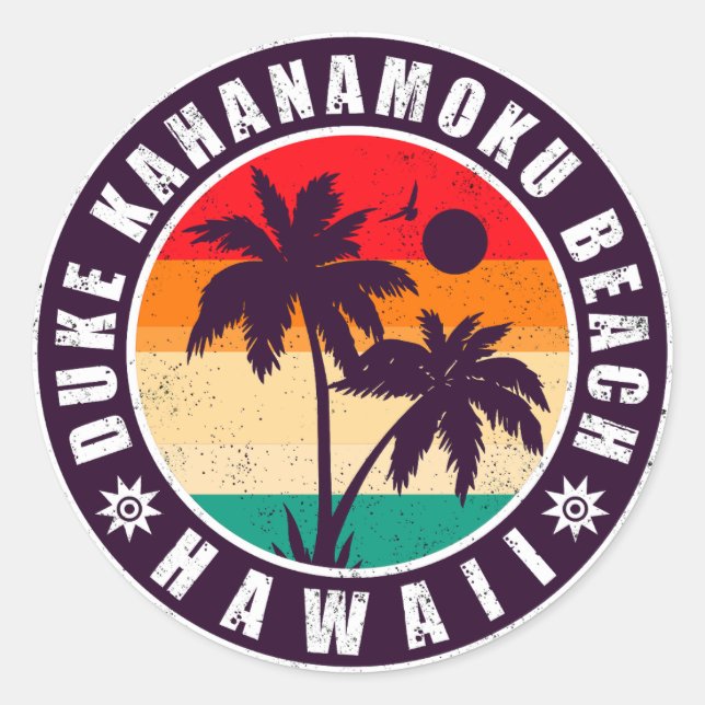 Duke Kahanamoku Beach Hawaii Retro 70s 80s Summer Classic Round Sticker (Front)