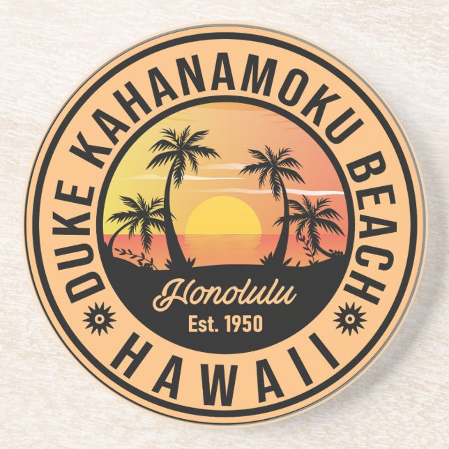 Duke Kahanamoku Beach Hawaii Retro Palm Trees 60s  Coaster (Front)