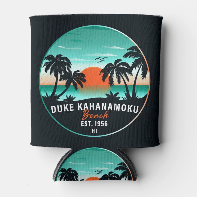Duke Kahanamoku Beach Hawaii Retro Sunset Souvenir Can Cooler (Front)