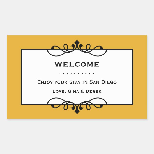 Dull gold wrought iron frame out of town gift bag rectangular sticker (Front)