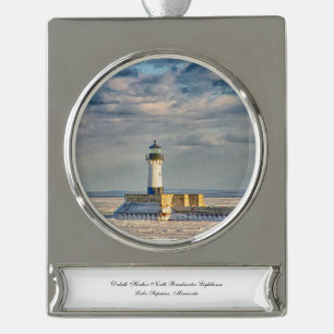 Duluth Harbor North Breakwater Lighthouse Silver Plated Banner Ornament