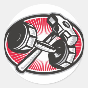 Dumbbell and Sledgehammer Retro Classic Round Sticker