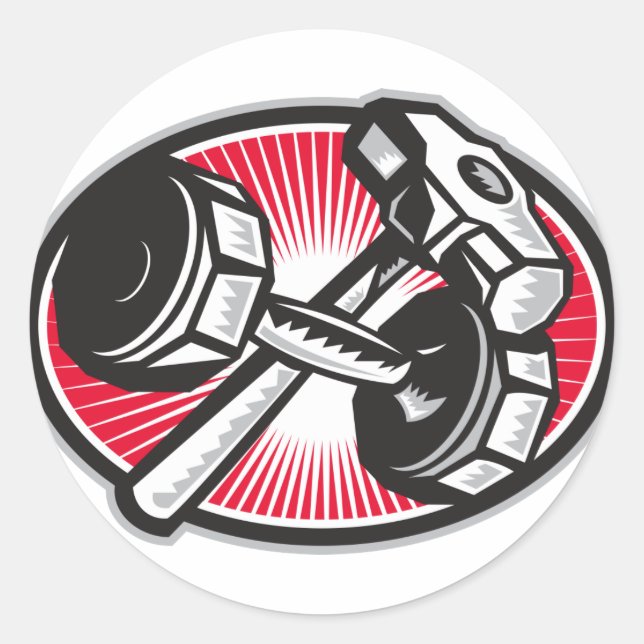 Dumbbell and Sledgehammer Retro Classic Round Sticker (Front)