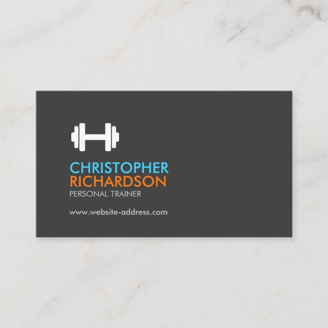 Dumbbell Logo Fitness Personal Trainer Orange/Blue Business Card (Front)