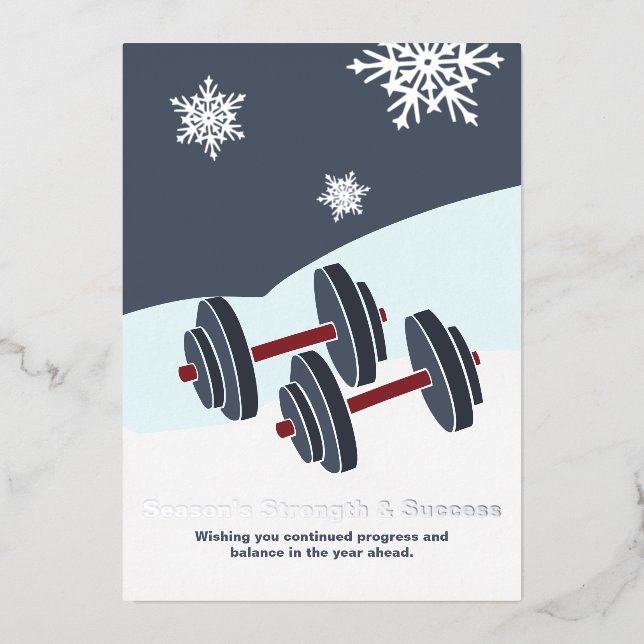 Dumbbell Season's Strength & Success Grey & White Foil Holiday Card (Front)
