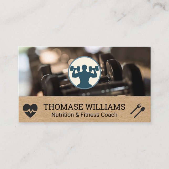 Dumbbells in the Gym | Workout Logo Business Card (Front)