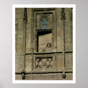Dummy window in the entrance facade with a figure poster