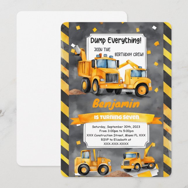 Dump Every Thing it's Construction Birthday Invitation (Front/Back)