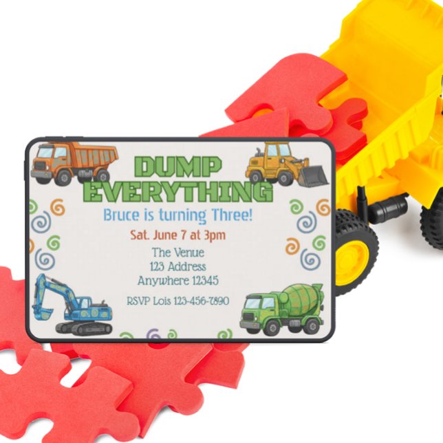 Dump Everything Colorful Construction Birthday Invitation (Creator Uploaded)