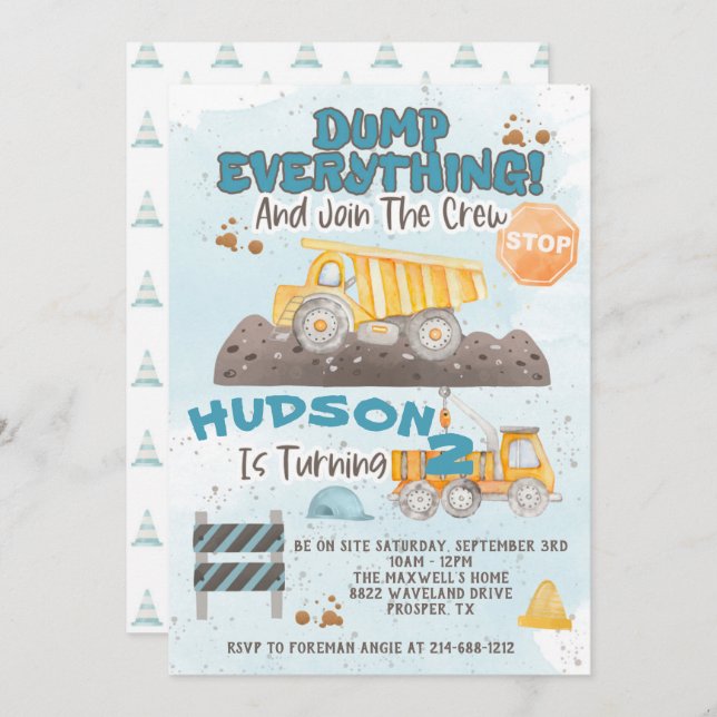 Dump Everything Construction Birthday Invitation (Front/Back)