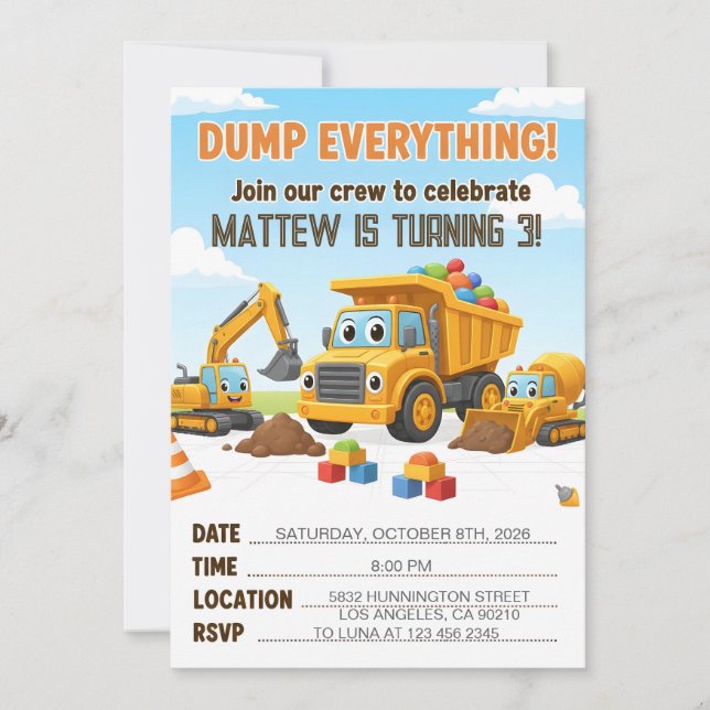 Dump Everything Construction Dump Truck Birthday Invitation (Front)