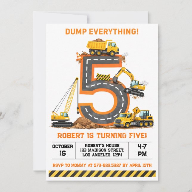Dump Everything Construction Truck 5th Birthday Invitation (Front)
