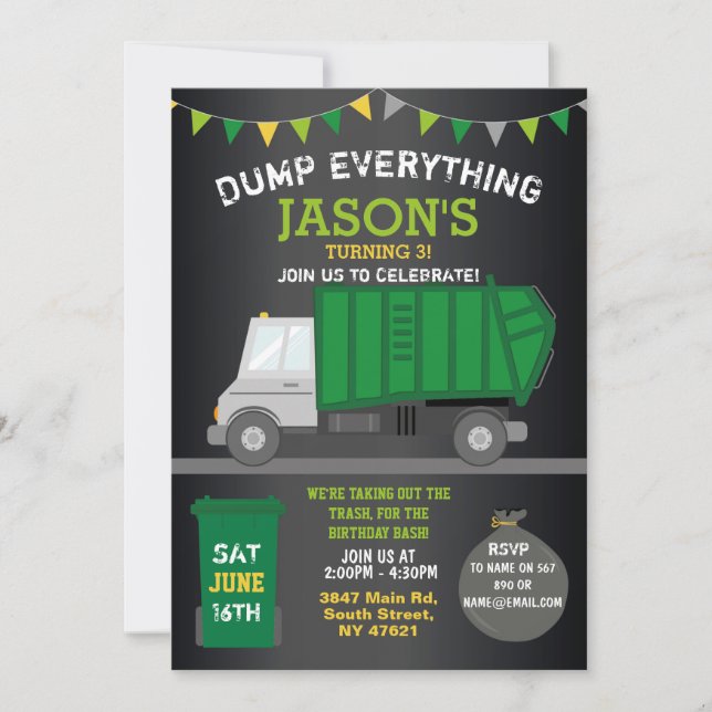 Dump Everything Fun Rubbish Truck Birthday Invitation (Front)