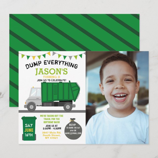 Dump Everything Fun Rubbish Truck Birthday Photo Invitation (Front/Back)