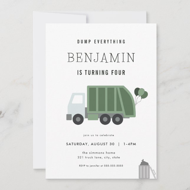 Dump Everything Garbage Truck Birthday Invitation (Front)