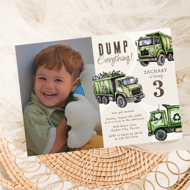 Dump Everything! Garbage Truck Photo 3rd Birthday Invitation (Creator Uploaded)