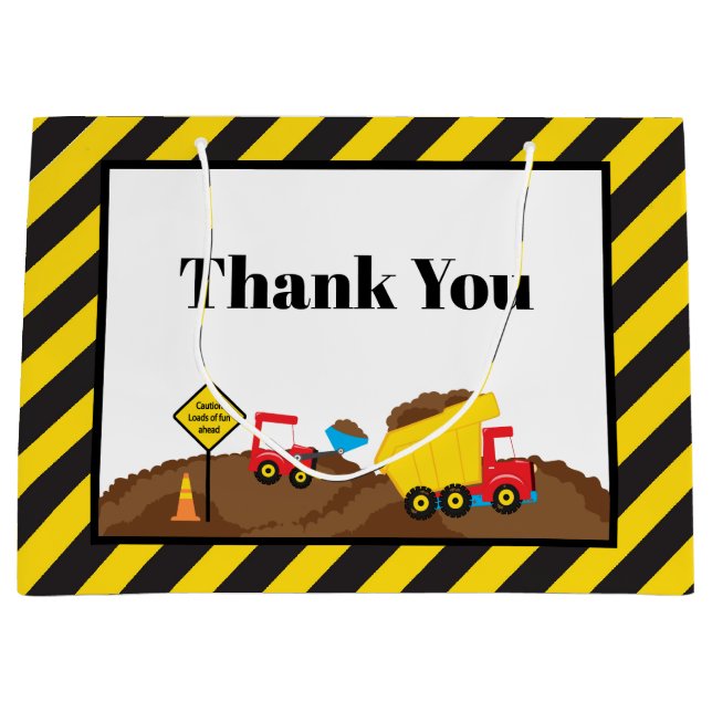 Dump Truck and Digger Birthday Thank You Large Gift Bag (Front)