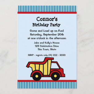 Dump Truck and Pin Stripe Birthday Party Invitation