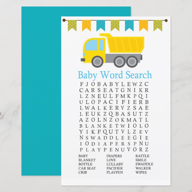 Dump truck Baby Shower Word Search Game (Front/Back)